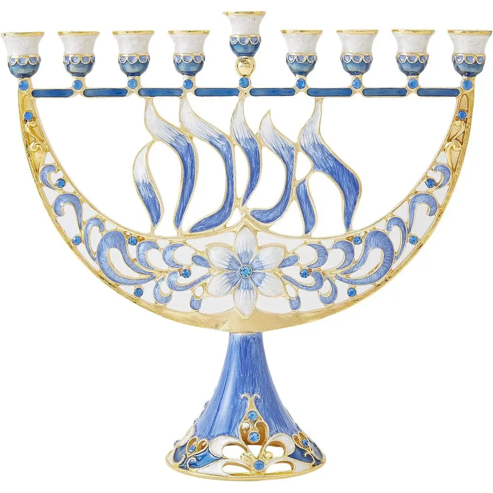 

Elegant Hand-Painted Enamel Menorah with Gold Trim and Crystals, Perfect for Hanukkah and Home Decor