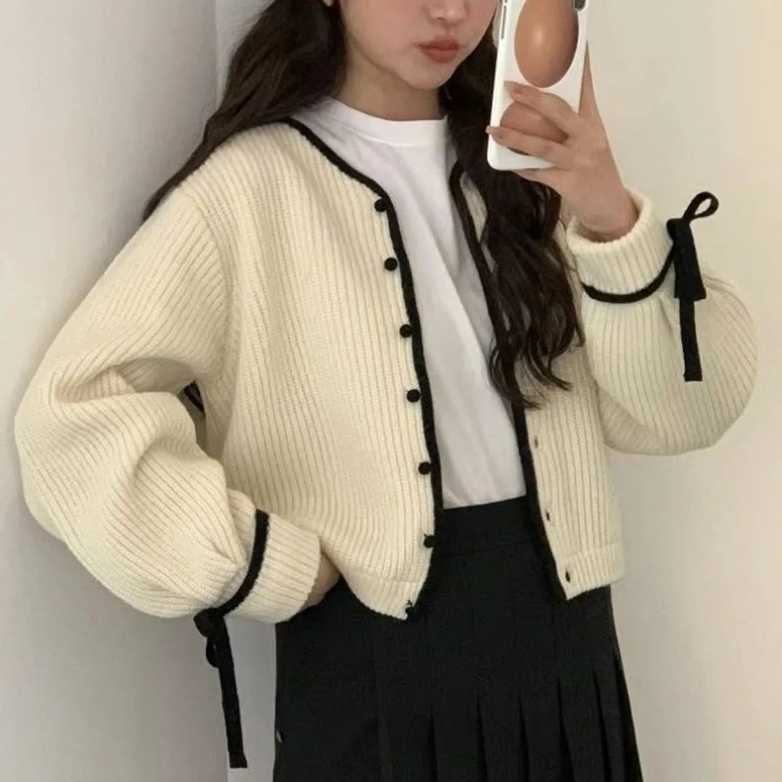 Women\'s French Style Cardigan Autumn Winter Sweet Bow Knitted Round Neck Sweater Coat Knitwear Casual Simple Solid Women Clothes