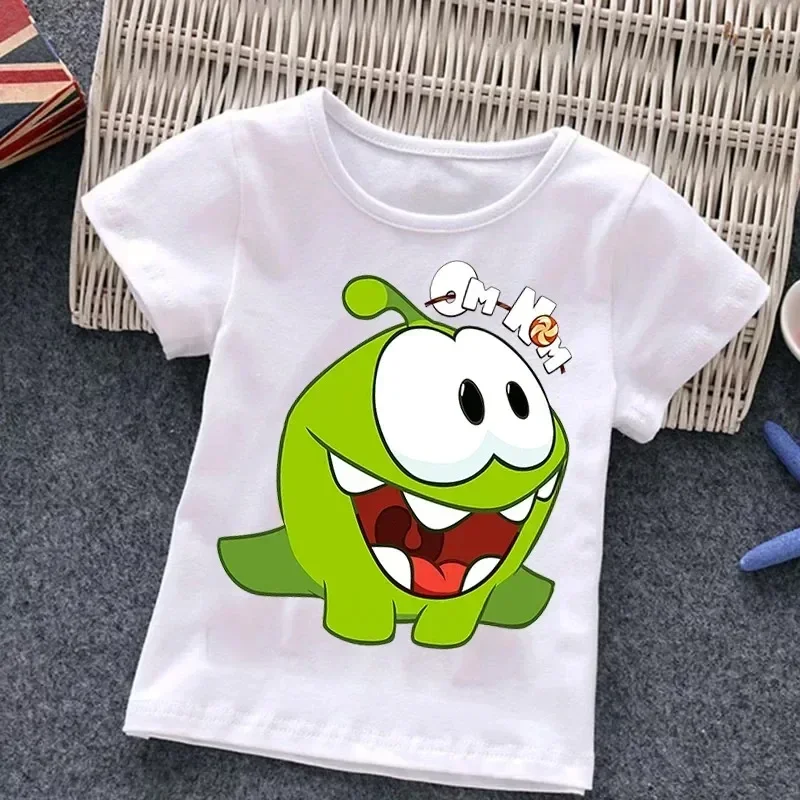 Camiseta de dibujos animados Om Nom 'Cut the Rope' para niños, camiseta de algodón con cuello redondo y manga corta con diseño de rana divertida para bebés y niñas