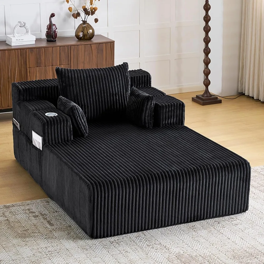 

Oversized Chaise Lounge Indoor, 66 Upholstered Sofa Bed with 1 Cup Holders & 4 Side Pockets, No Assembly Required Cord