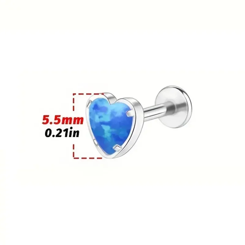 G23 Titanium Heart Lip Labret Piercing Opal Stone Internal Thread Helix Tragus Conch Piercing Ear Cartilage 4/5/6/7/8/9/10/12mm