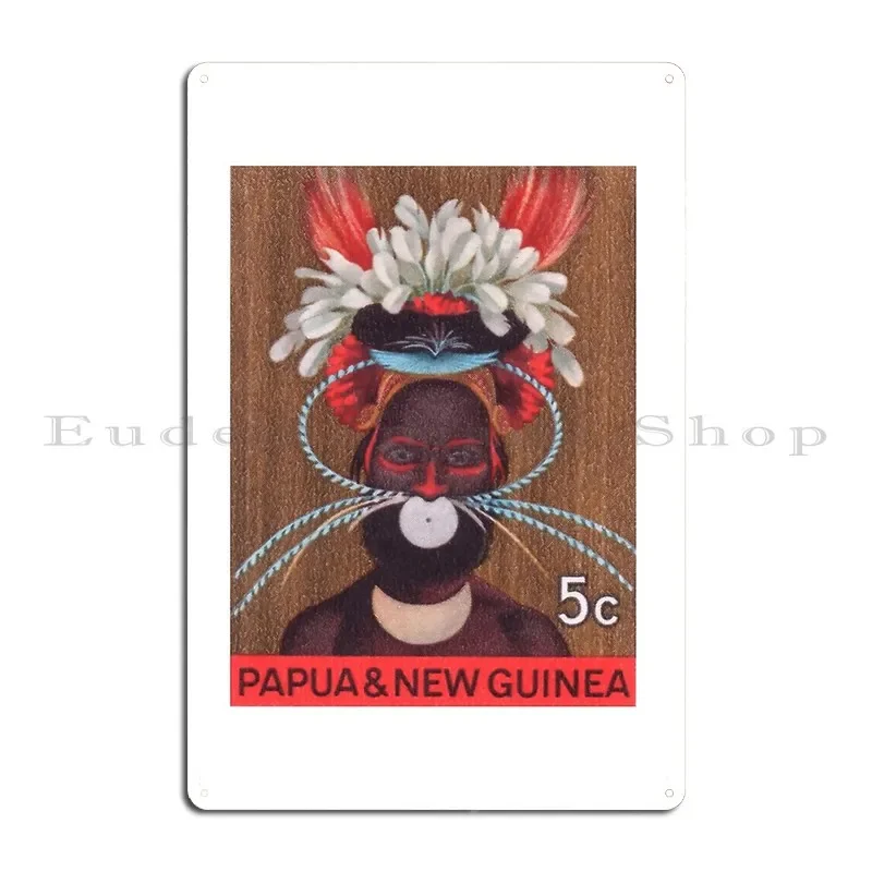 1968 Papua New Guinea Headress 5c Postage Stamp Metal Sign Club Club Wall Cave Rusty Designing Tin Sign Poster