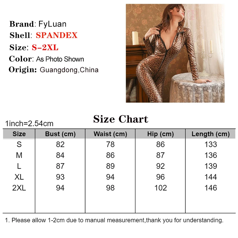 Double Zipper Women Open Crotch Bodysuit  Leopard Print Shiny PU Leather Catsuit Sexy Cosplay Clubwear Tights Jumpsuit Size 2XL