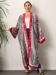 Plus rozmiar Boho Kimono damskie Plus tropikalny nadruk kontrastowe wiązanie z długim rękawem z przodu luźna Kimono plażowe