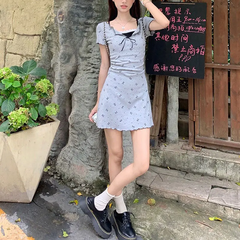 Fake Two Pieces Lace Spliced Mini Long Dress Female Clothing Elegant A-Line Waist Summer Fashion Printed Korean Casual Dresses