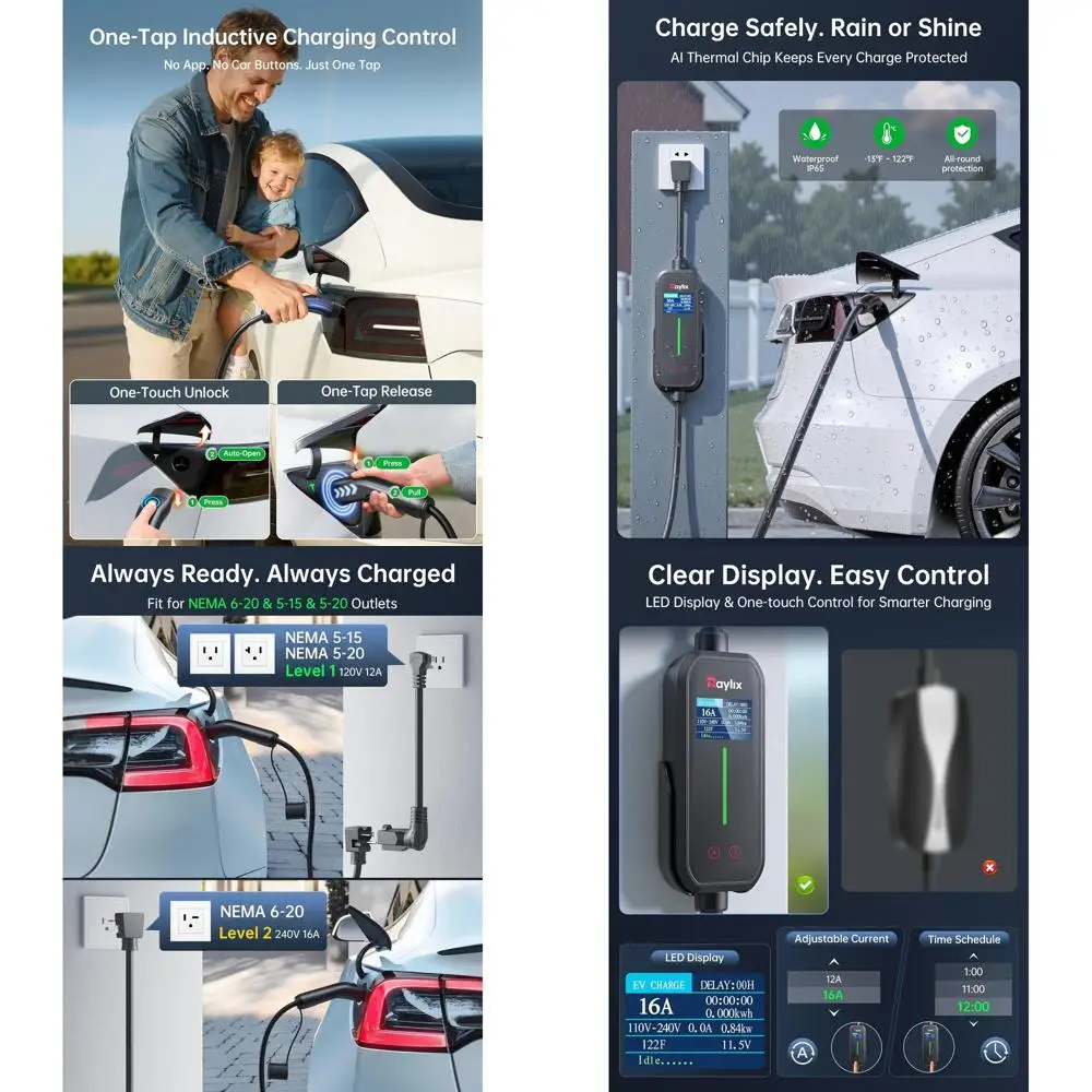 

12A-16A Level 1&2 Charger for Tesla Adjustable Current, Delay Charge & Smart Display NACS Mobile/Home Charger, 21ft Mobile Conne