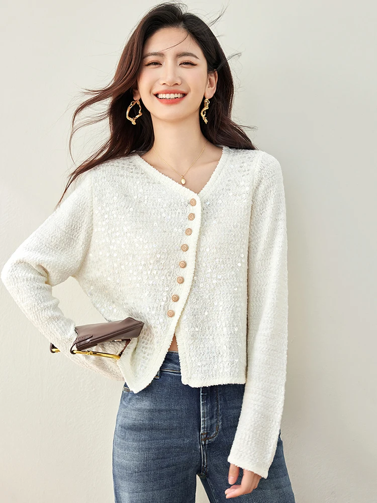 Fashion Sequin Knitted Cardigan 2024 Autumn New Irregular Design V-neck Button Loose Casual Cardigan Long Sleeved Sweater