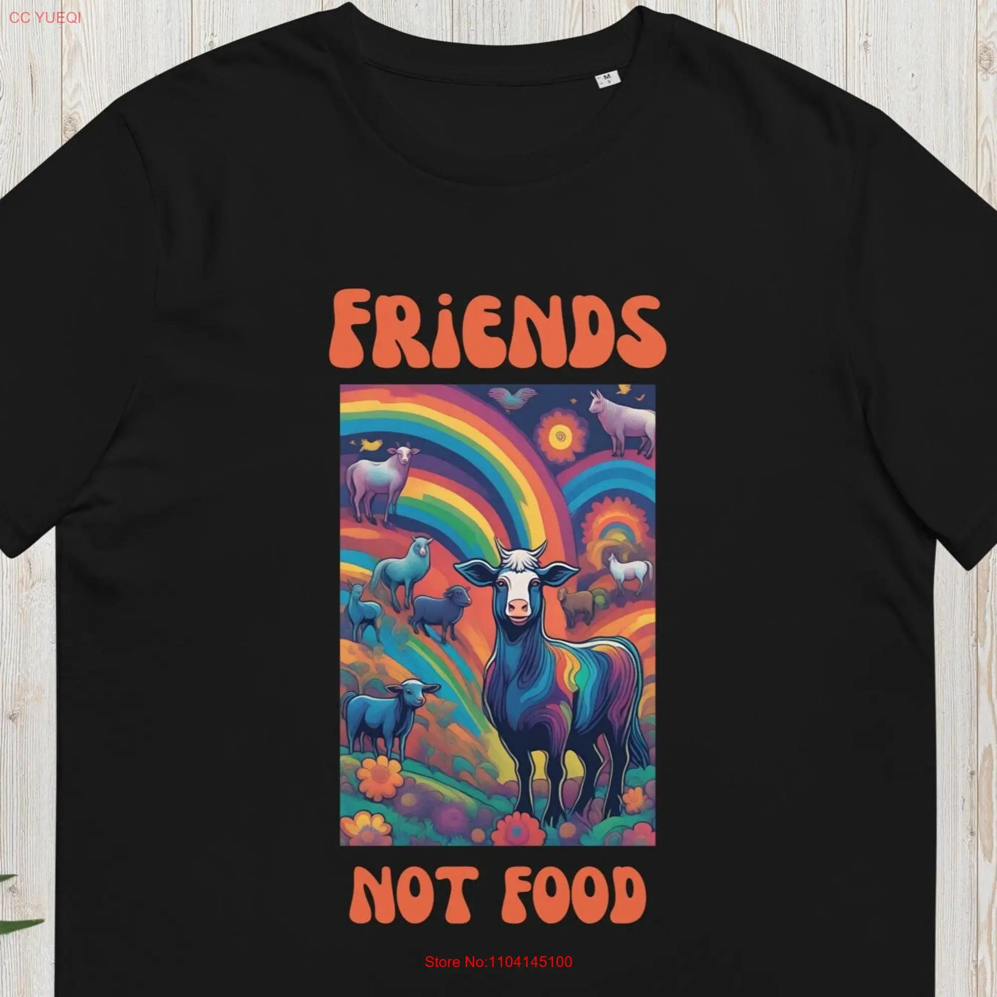 Friends not food vegan t shirt with farm animals in psychedelic style made of eco friendly organic cotton