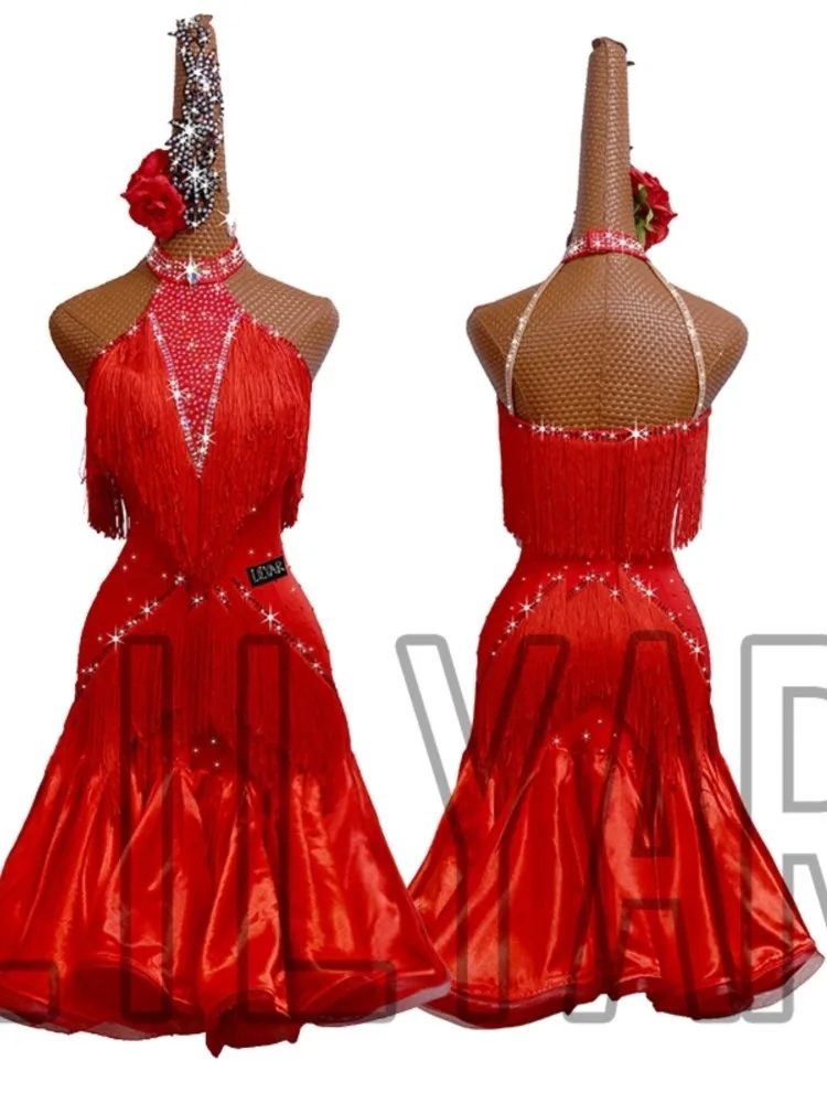 

New Latin Dance Competition Suit Belt Denim Cha Cha Children Adult Sleeveless Red Tassel Slim Fit Performance Dress