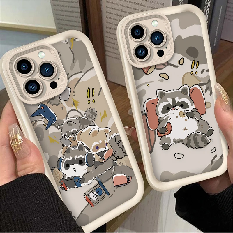 Cartoon Little Raccoon Case For iPhone 16 15 14 13 12 11 Pro Max X XS X S Max XR SE 2020 7 8 Plus Shockproof Silicone Back Cover