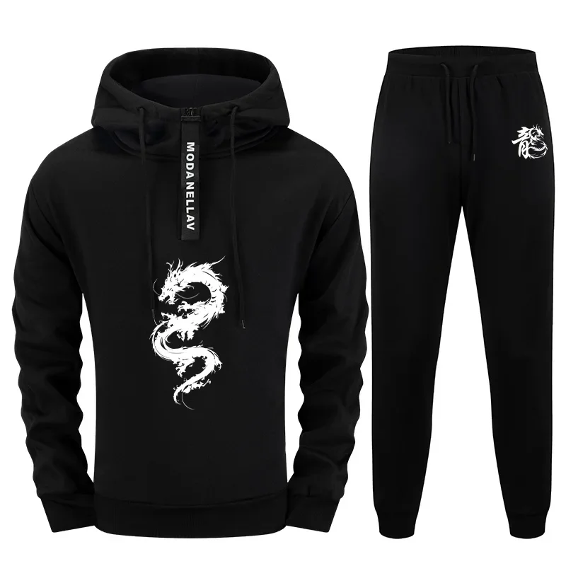 

Chinese Dragon Mens 2 Piece Set Half Zip Hoodie and Sweatpants Urban Streetwear Tracksuit 2025 Autumn Winter Casual Sport Outfit