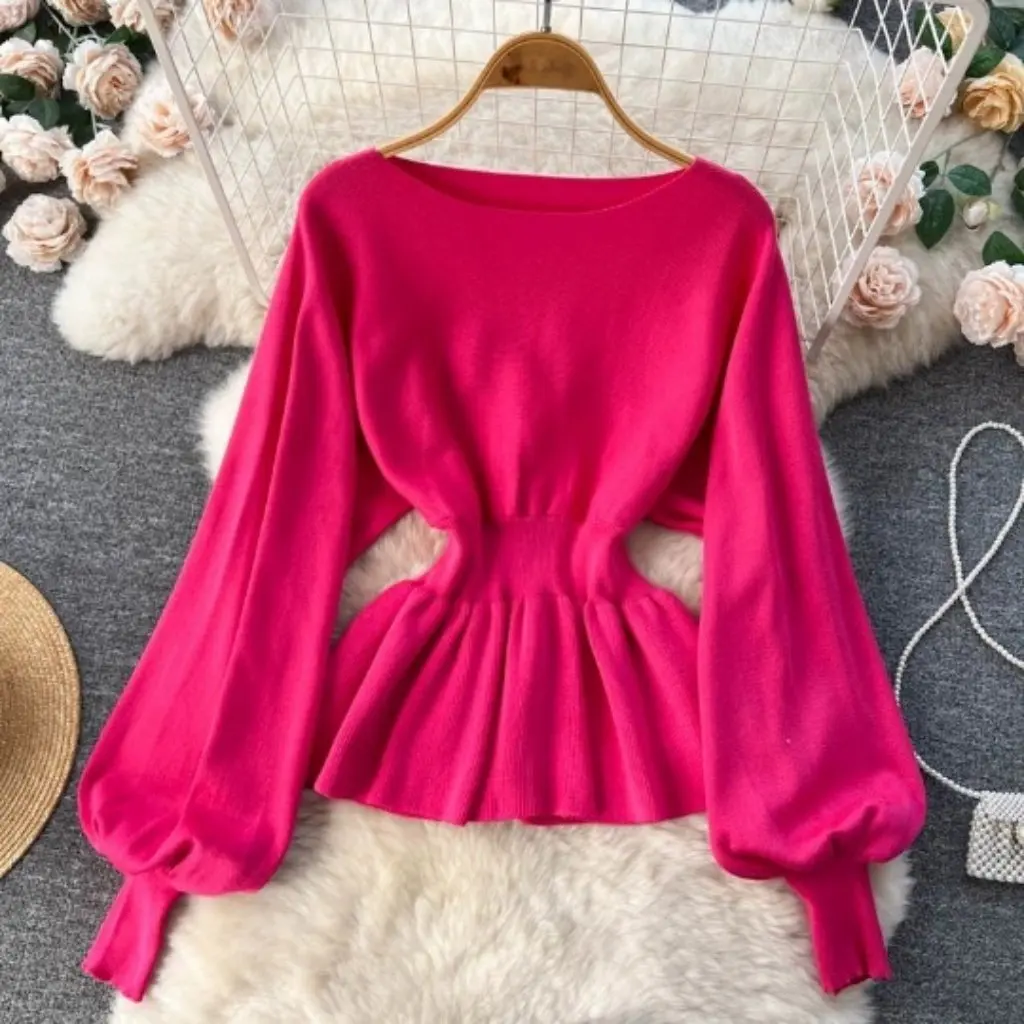 

Женский вязаный костюм во французском стиле с рюшами и фонариками, топ с длинными рукавами, юбка на бедрах, комплект из двух предметов, осенне-зимний светский модный костюм