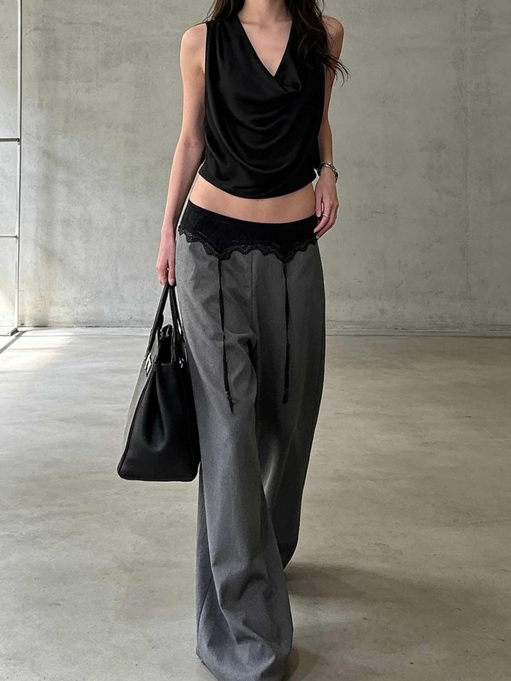 Korean Style Wide Leg Pants Lace Splicing Flip Waist Casual Loose Slimming Women's Autumn New Loose Fit Comfortable Trousers
