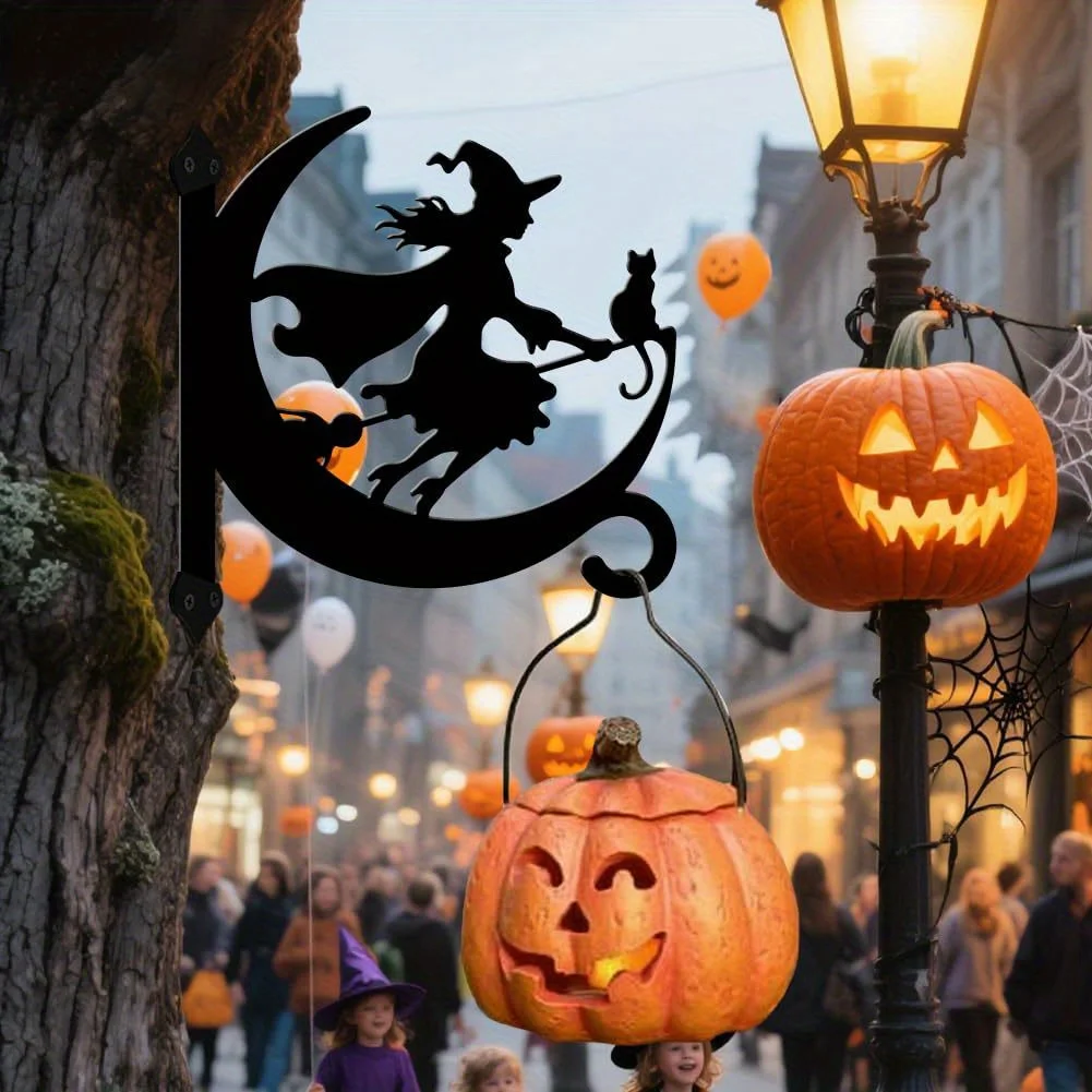 CIFBUY Wrought Iron Wall Decor, Witch Broom & Bat Metal Hanging, Gothic Art Sign, Indoor Outdoor Weatherproof Halloween