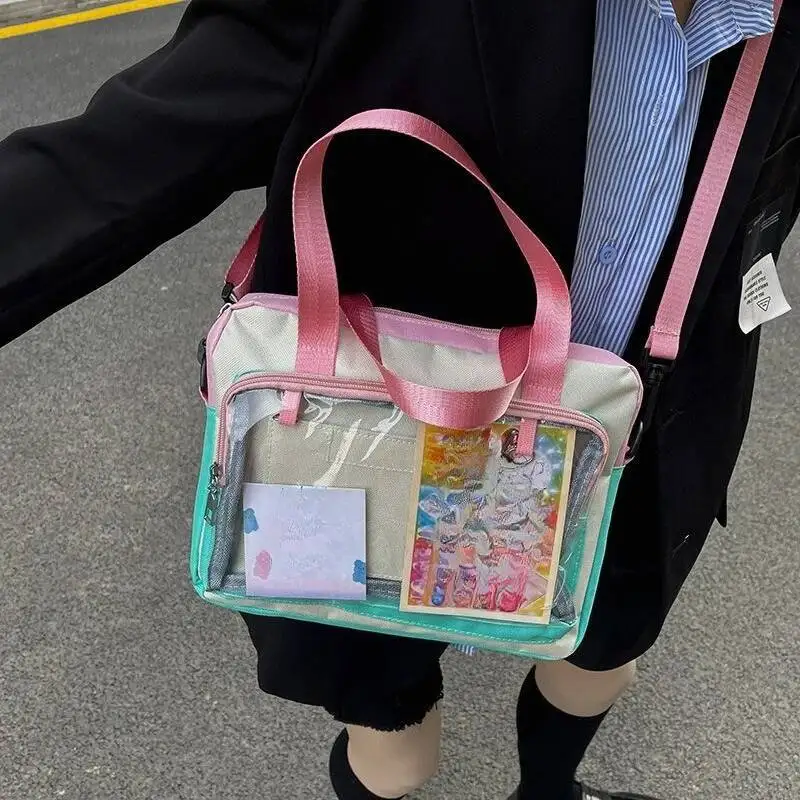اليابانية الحلو Kawaii الفتيات الكتف حقائب كروسبودي المرقعة التباين اللون Ita حقيبة شفافة Y2k الجمالية حقائب الظهر النساء