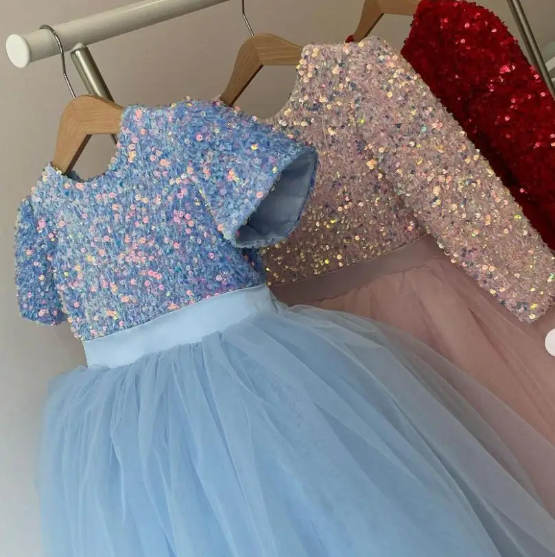 Kids Sequin Party Dress for Girls Formal Wedding Evening Ball Gown Elegant Children Birthday Princess Dress for Red Christmas