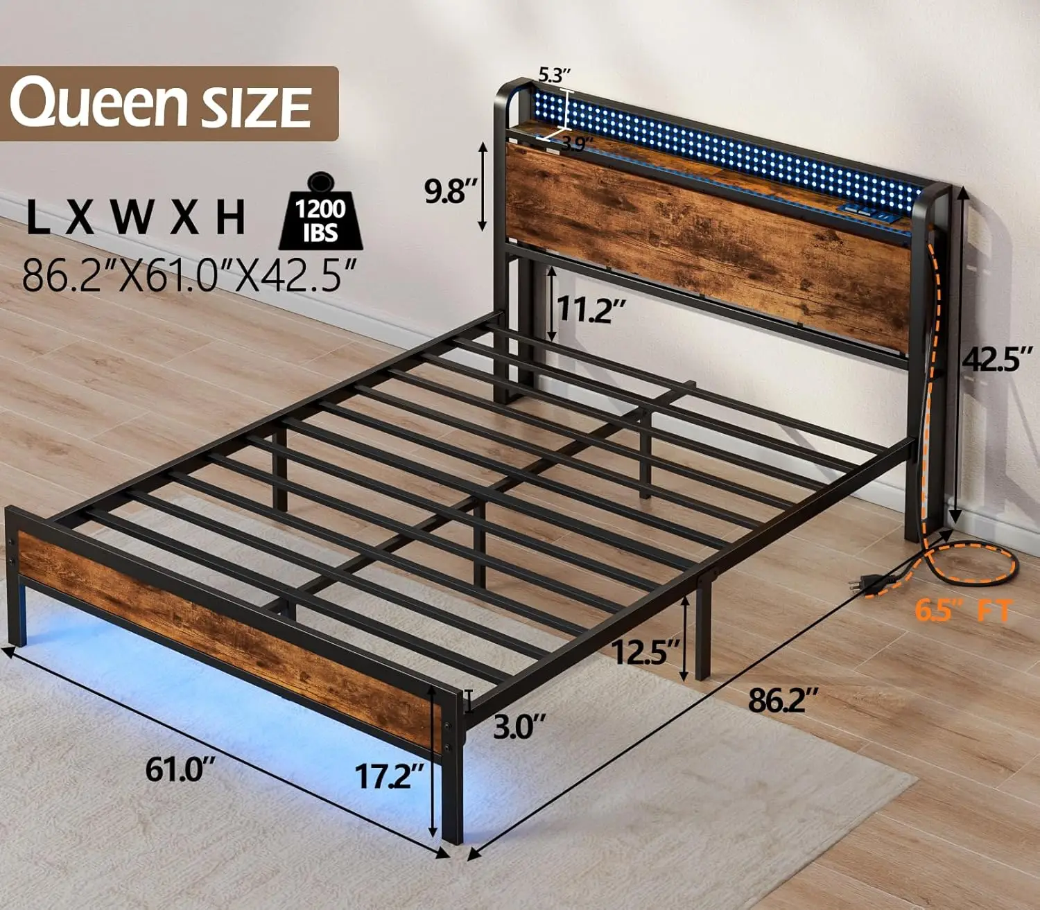 Bed Frame with Charging Station and LED Lights,Industrial Platform Beds Queen Size with Storage Headboard,USB Port,Rust