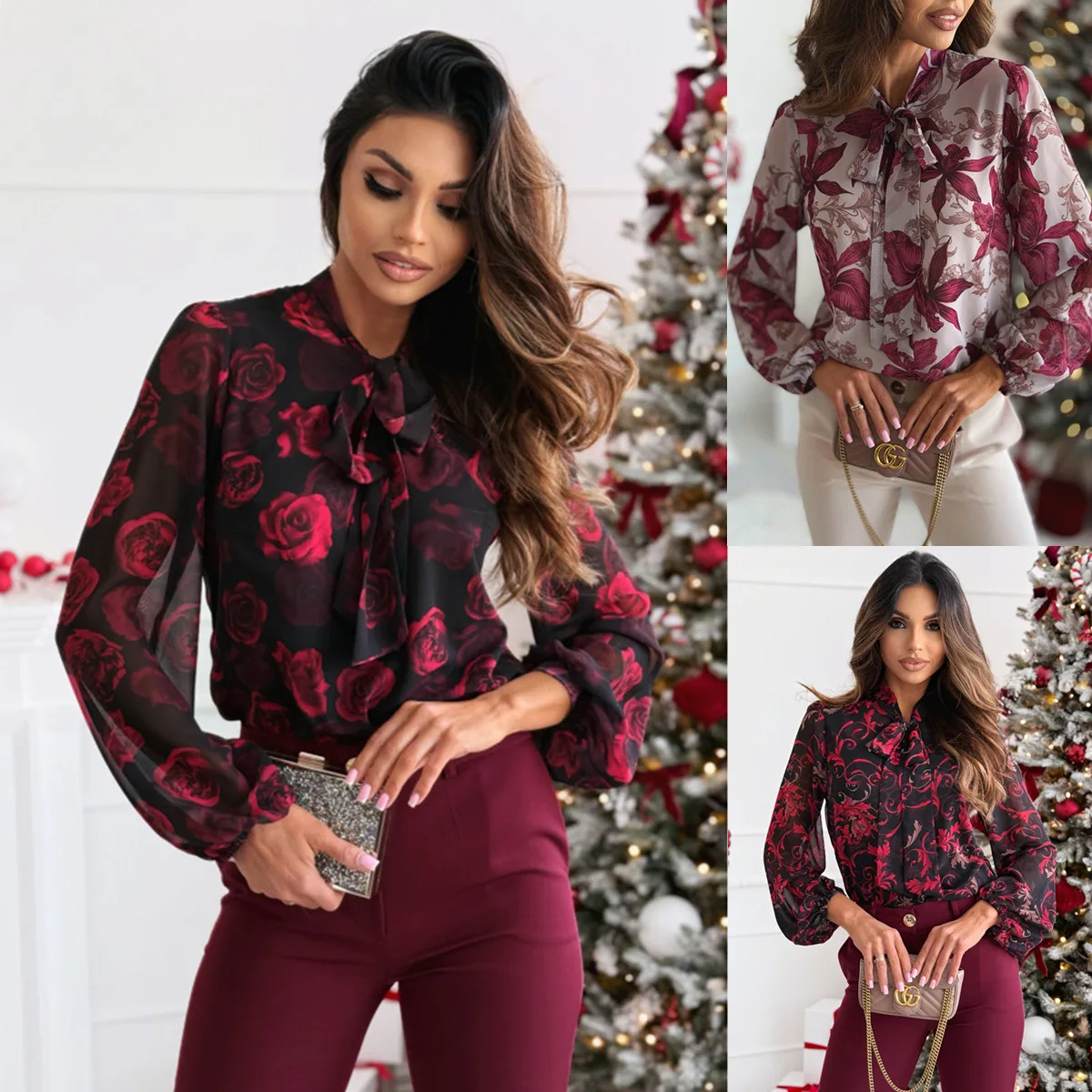 

2025 New Spring Blouses Sweet Bow Chiffon Print Casual Long Sleeve Shirts For Women Elegant Black Flower Office Lady Blouse Tops