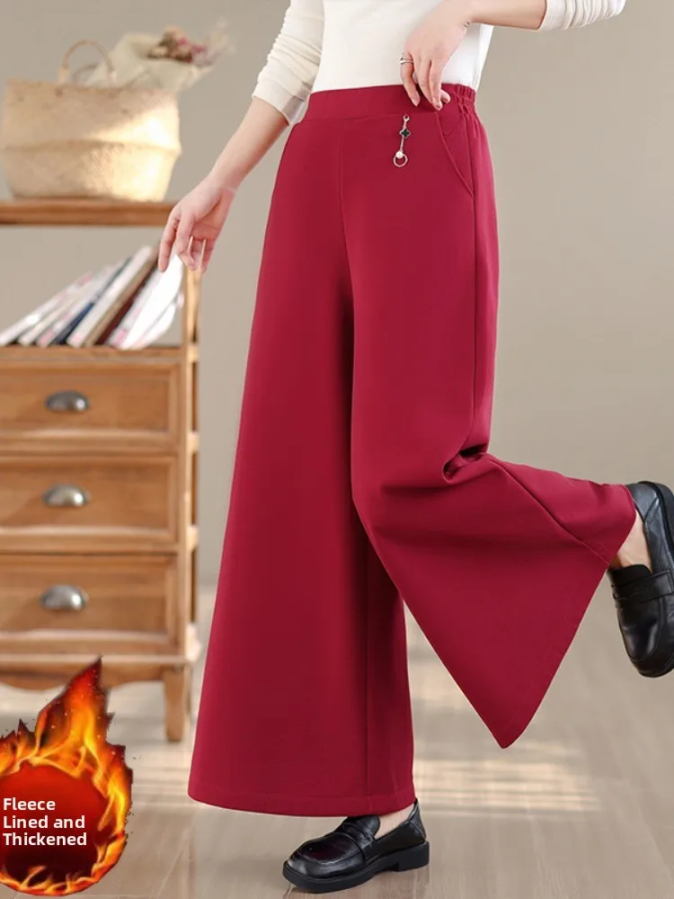 

Утепленные флисовые брюки с высокой талией и широкими штанинами для женщин, зимние, свободные, больших размеров, теплые, прямые, на широкую ногу, длинные