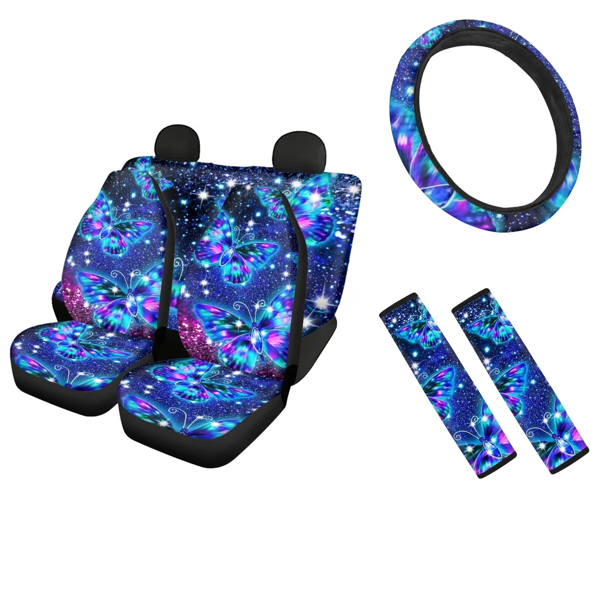 

Fashion Galaxy Butterfly Pattern Front&Rear Seat Covers Car Interior Accessory Durable Steering Wheel Automotive Seat Belt Pads