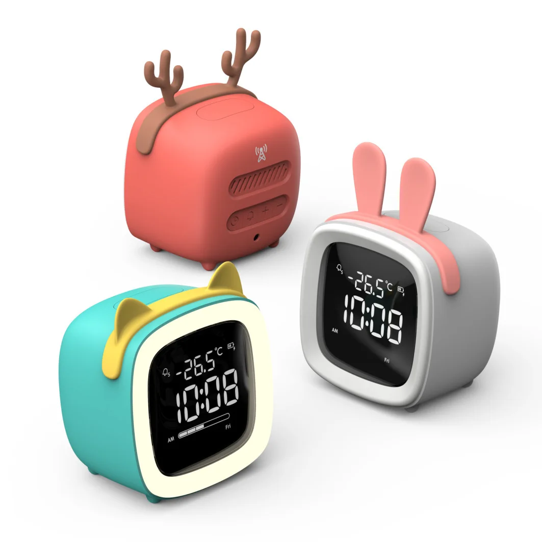 Novelty LED Night Light USB Rechargeable Electronic Alarm Clock for Children Student Gift Bedroom Bedside Cartoon Deer Bear Lamp