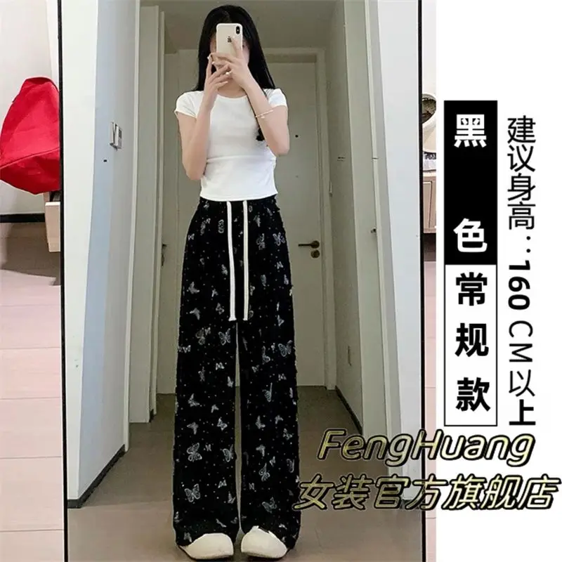 Flash Drill Butterfly Walk Straight Pants for Women in Summer Thin 2025 New Wasteland Style Hot Drill Hole Wide Legs