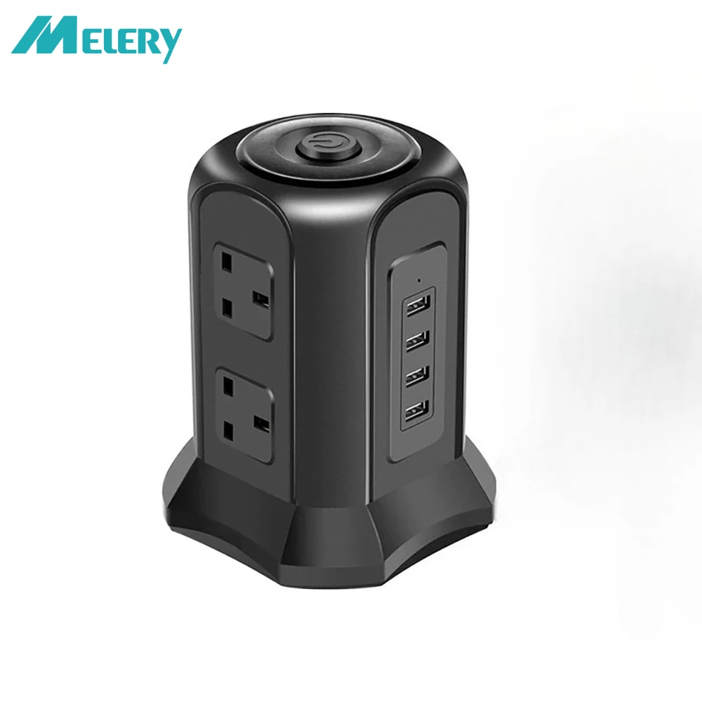 

Melery UK Plug Outlet Tower Power Strip 2 Layers 6 Way 4 USB Socket 2500W Circuit Protection Switch with 2m Cord for Home Office