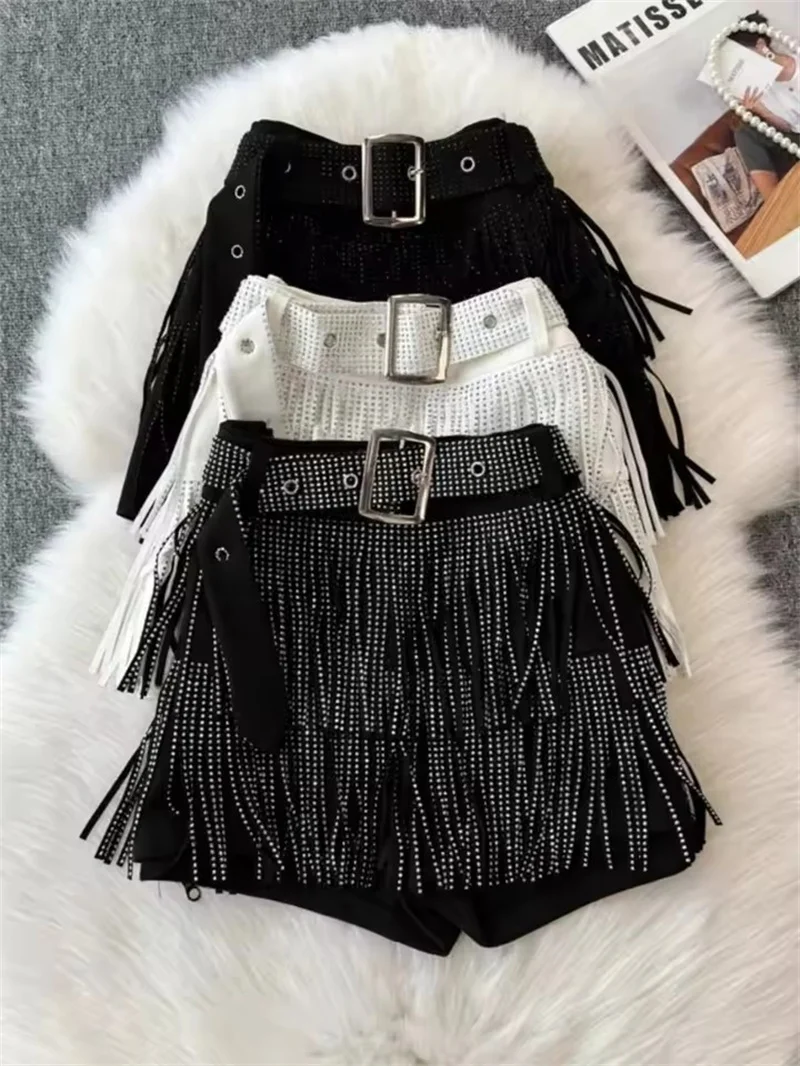 

Модные шорты с кисточками, женские новые летние черные разноцветные сексуальные шорты с бриллиантами и высокой талией, вечерние, ночной магазин, женская юбка трапециевидной формы