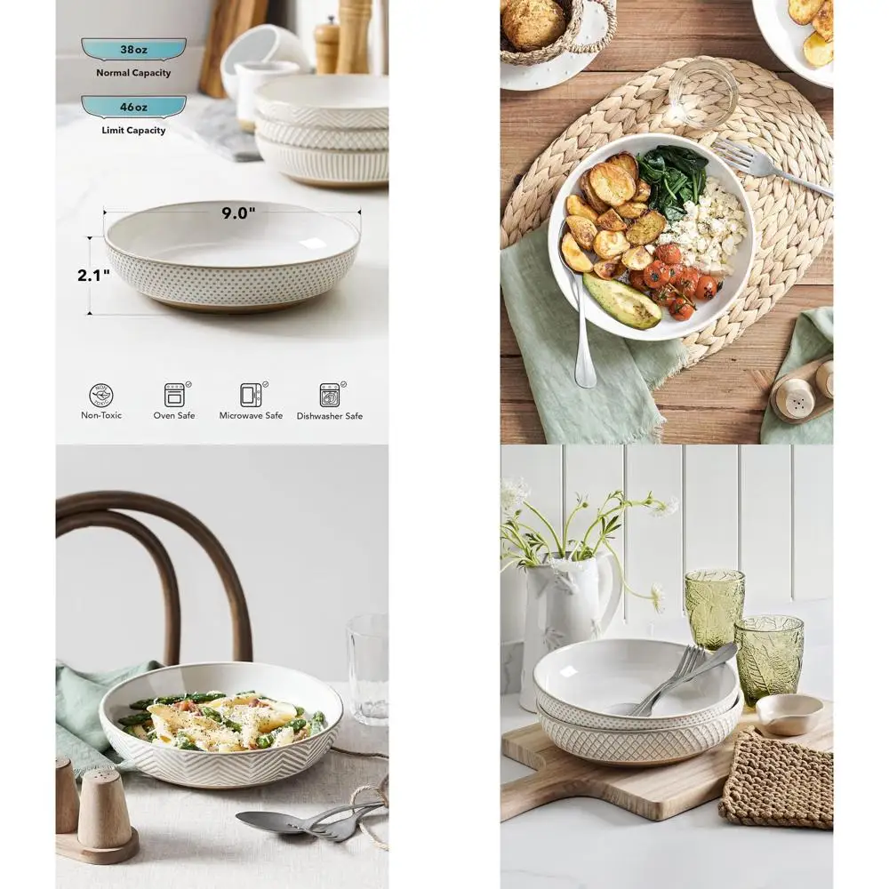 

Set of 4 Arctic White 9 Stoneware Pasta & Salad Bowls, Embossed, Ideal for Housewarming or Wedding Gifts