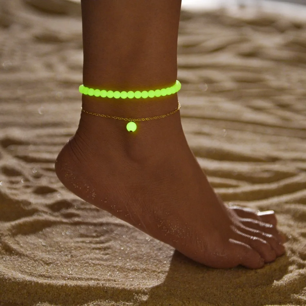 2pcs Set Creative Personality Luminous Bead Gold Color Chain Stackable Anklets for Women Beach Vacation Night Party Jewelry Sets
