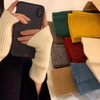 כפפות יד לנשים בסגנון אופנתי, מחממות לחורף, מתיחות לזרועות, מתאימות לסריגה ולקרושה, עשויות מצמר רך, אורך ארוך, צבע אחיד