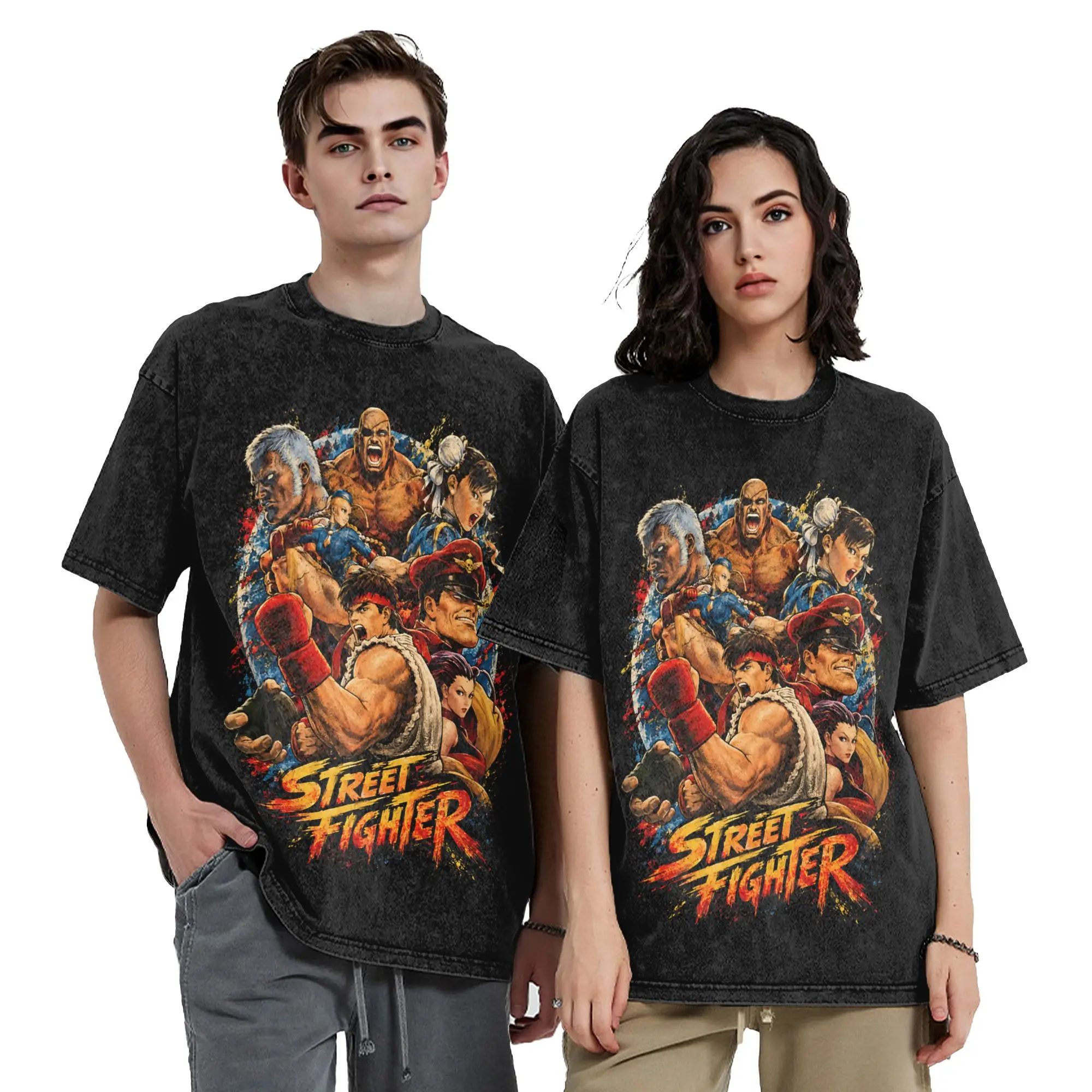 Retro Fighting Game Legends Street Fighters T Shirt Hip Hop Washed Harajuku T-Shirt  Vintage for Men Tops Streetwear Tee Shirt