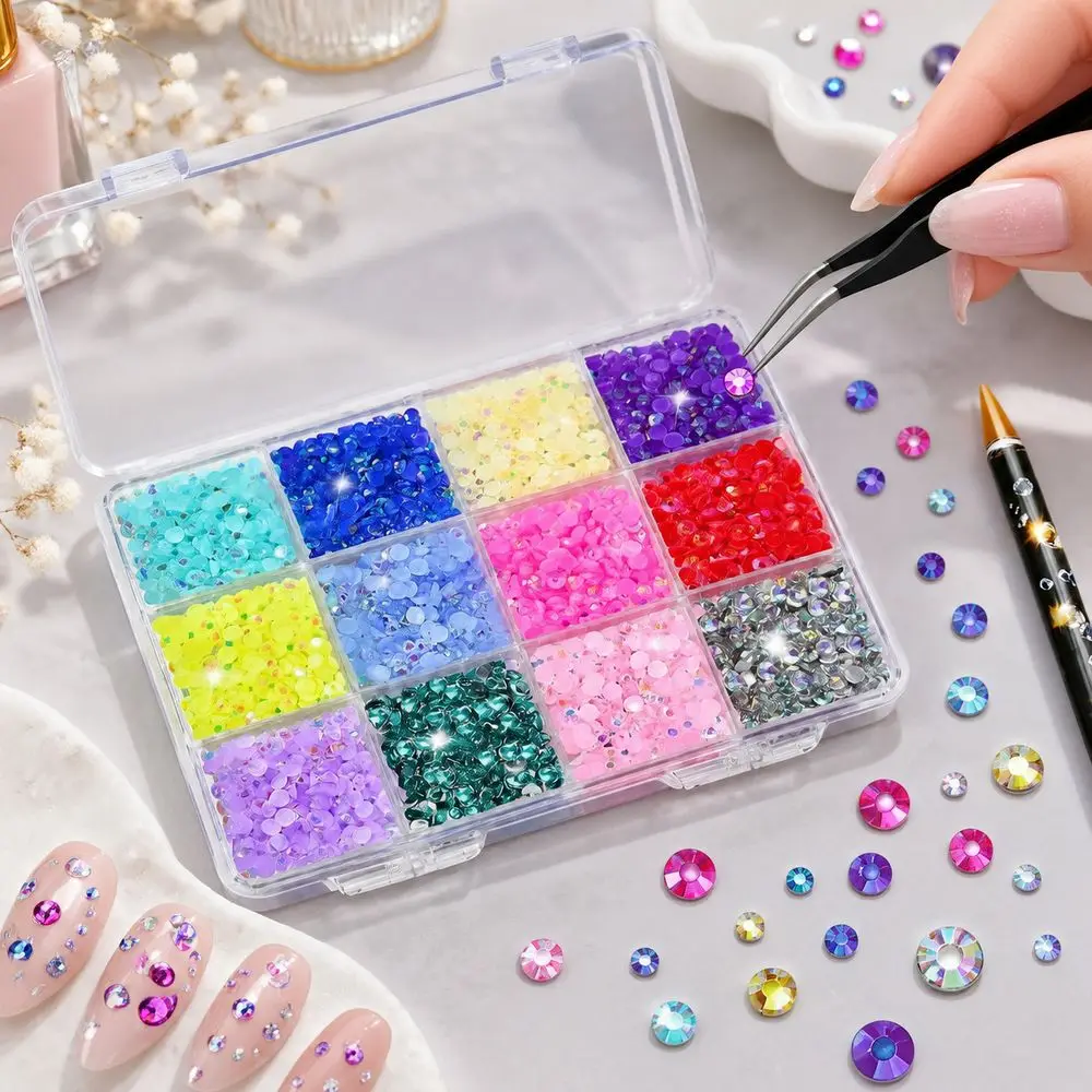 12Grids Shimmering Nail Rhinestones Resin Bold Contrast Color Flat Back for Rock Concert Nail Art Accessory Set