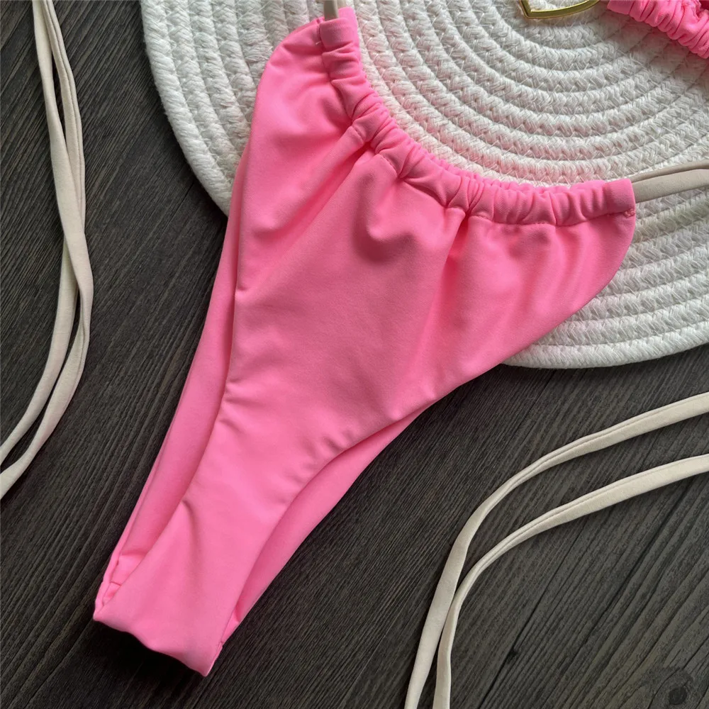 Pink String Halter Micro Bikini Thong Heart Ring Swimwear Sexy Swimsuit Women 2025 Bathing Suit Brazilian Triangle Bikinis Sets