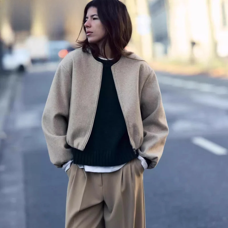 

Spring 2025 Women's round Ne Long Sve Elastic Layer Soft Pilot Jaet Outerwear Commute Sle Loose Fit ort Length