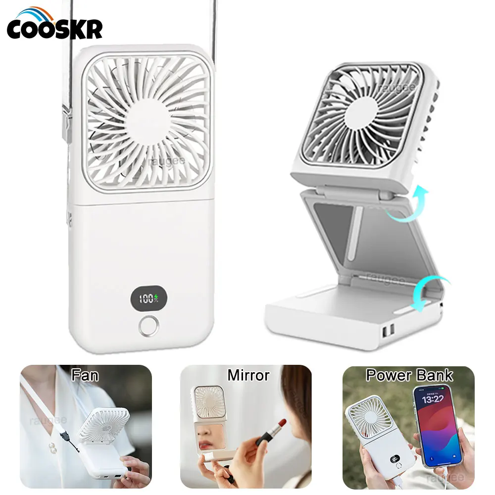 

Portable Neck Fan Mini USB Rechargeable Portable Fan Small Hanging Neck Fan Outdoor Handheld Fan with Power Bank Mirror 4 Gears