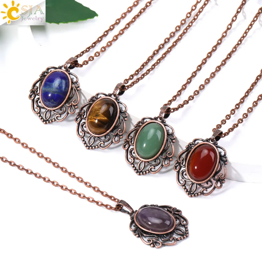 CSJA Natural Stone Egg Shape Pendant Necklace Crystal Amethyst Tiger Eye Agate for Women Men Vintage Jewelry Gift Accessory H835