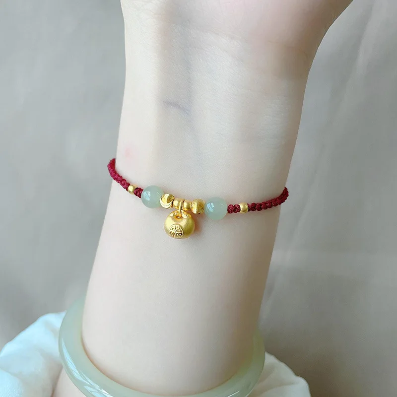 Gold Plated Lucky Charm Green Crystal Beads Wine Red/Black Rope Chain Braided Bracelet Women Men Fashion Hand Accessories 1612