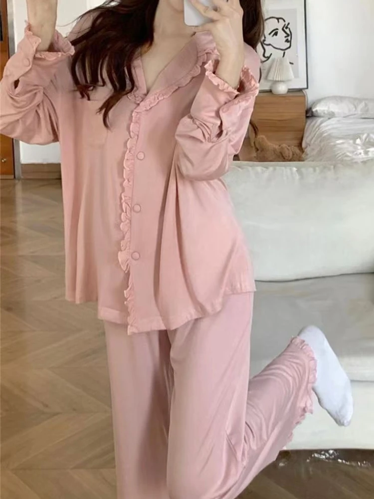 Pajama Sets Women Sweet Simple Sleepwear Casual Loose Ruffles Design Korean Style Soft Students Home Fashion Spring Elegant Cozy