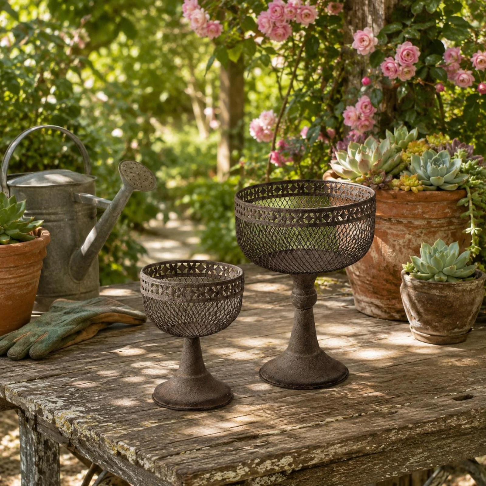 

Decorative Iron Planter Antique Design Pedestal Planter Home Decoration Perforated Rim Indoor Outdoor Use