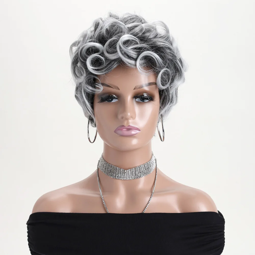 8 Inch Natural Black White Mix Color Synthetic Wig for Women Short Curly Heat Resistant Daily Wear Party Festival Hair