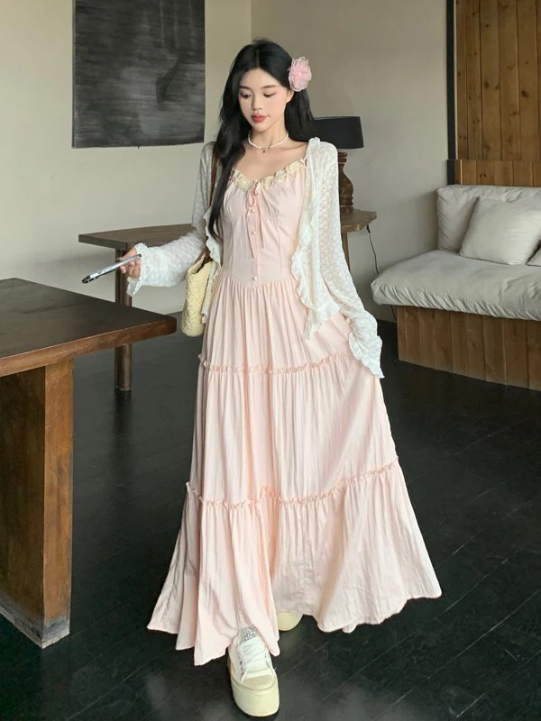 

plus Size Lace Splice Summer New Style Two-Piece Set Strap Dress Ruffle Sun Protection Cardigan Top High Waist A-Line Skirt