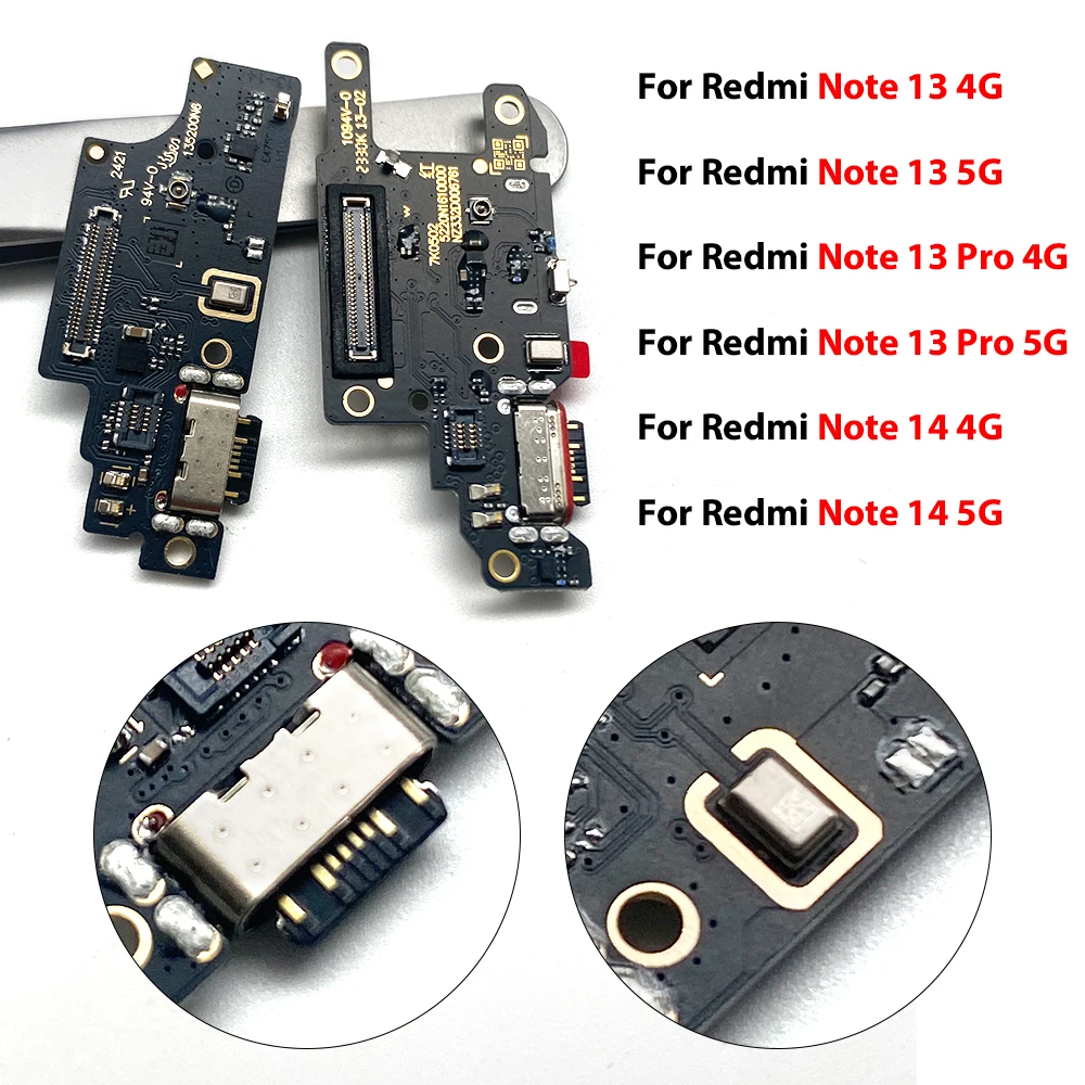 USB Charging Port Board Flex Cable Connector Parts For Xiaomi Redmi Note 13 Pro 4G 5G Plus Note 15 Pro Microphone Module With IC