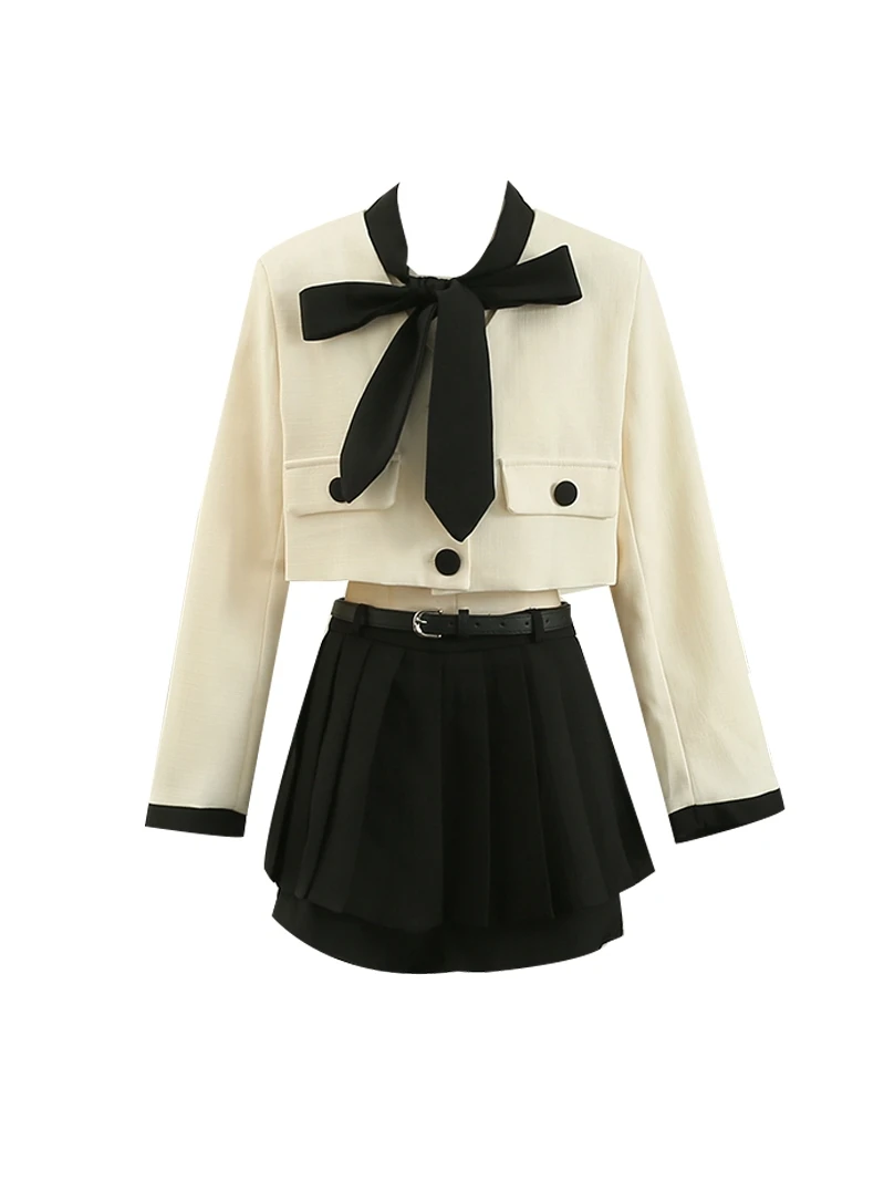 2024 Autumn New French Sophisticated Bow Colorblock Suit Jacket, High-waist Pleated Skirt Pants Two-piece Set for Women Female