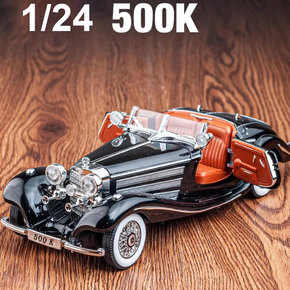 1/24 500K Vintage Alloy Diecast Car Model Toy Simulation with Sound Light Pull Back Vehicle Models for Boys Birthday Collections