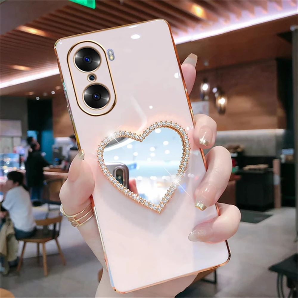 Plating Silicone Phone Case For Huawei Honor X8 X7A 4g X9A 5g X7 X9 8X 50 60 70 80 Pro Diamond Makeup Mirror Love Heart Cover