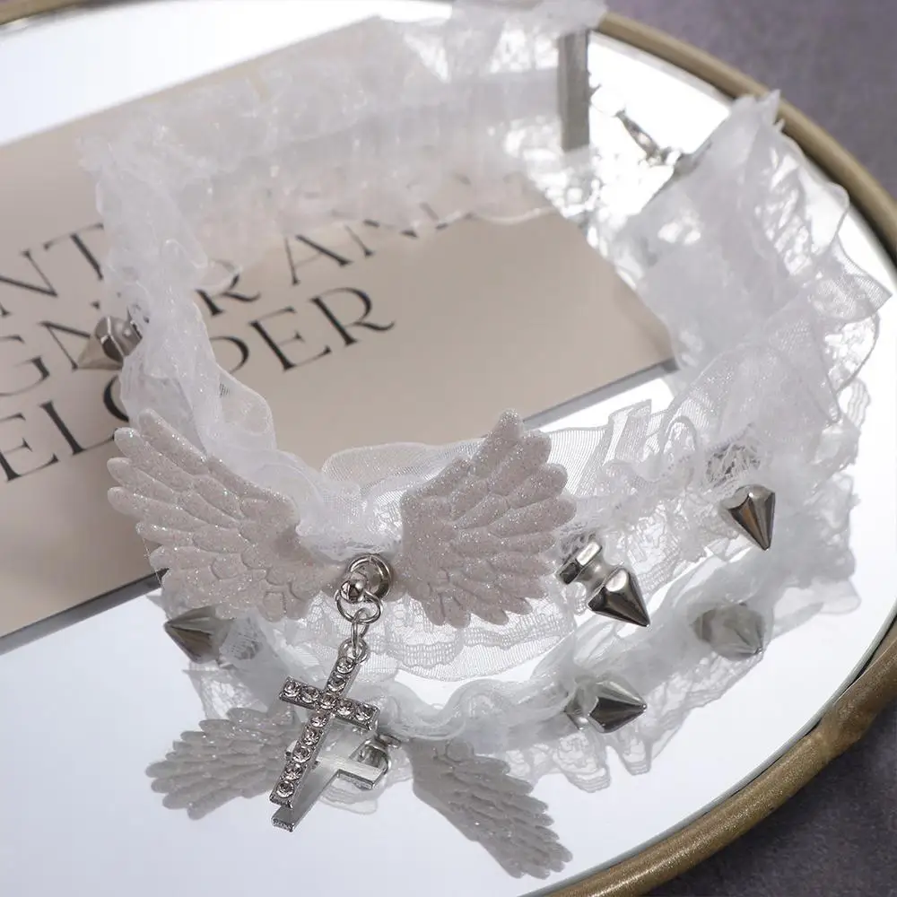 Lolita Solid Color Women's Necklace Wide Lace Rivets Lace Choker Angel Wings Delicate Leather Necklace Lady