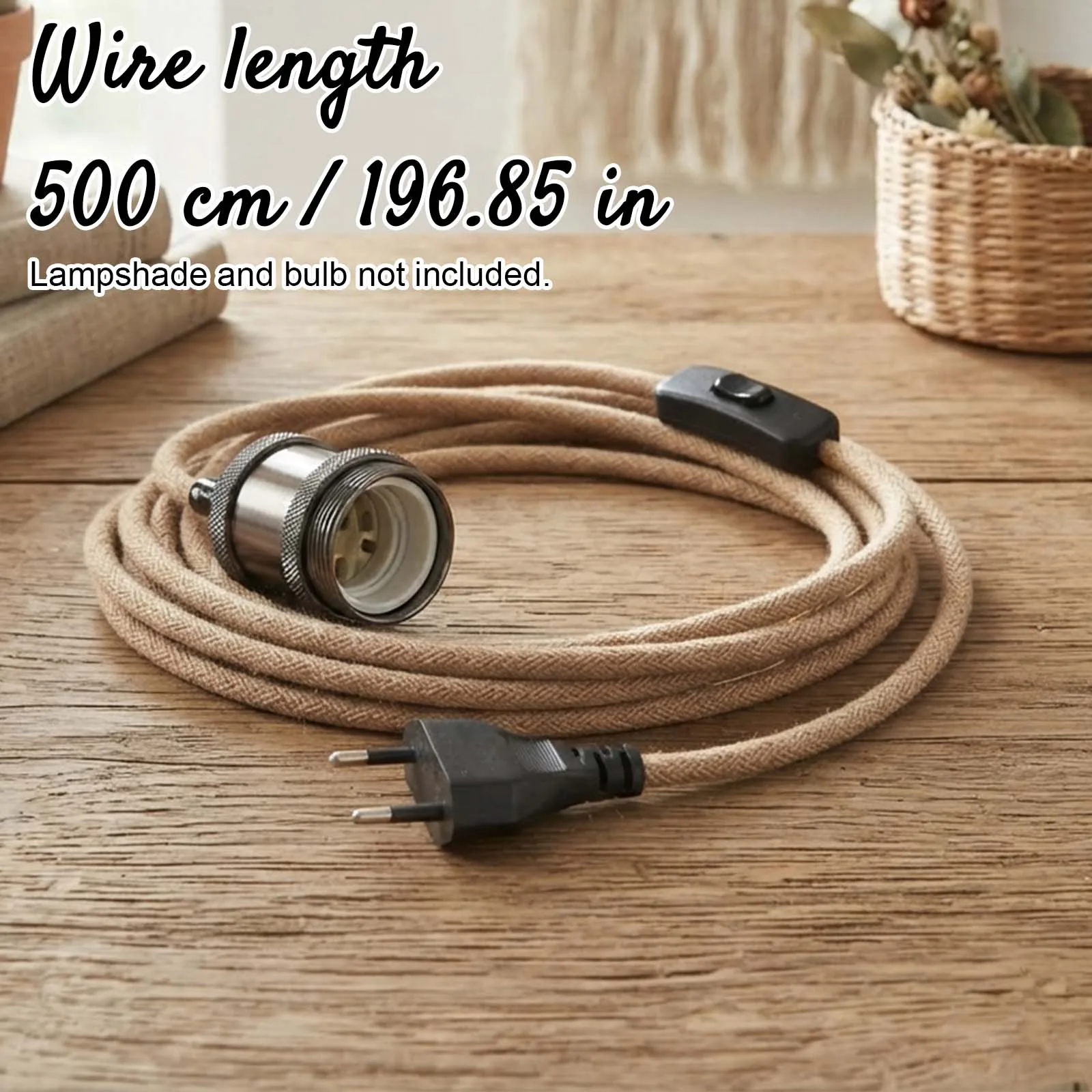 Plug-in Lamp Cord with Matte Black E27 Metal Socket and Hemp Rope Wire with On Off Switch for Industrial Bedroom Decor