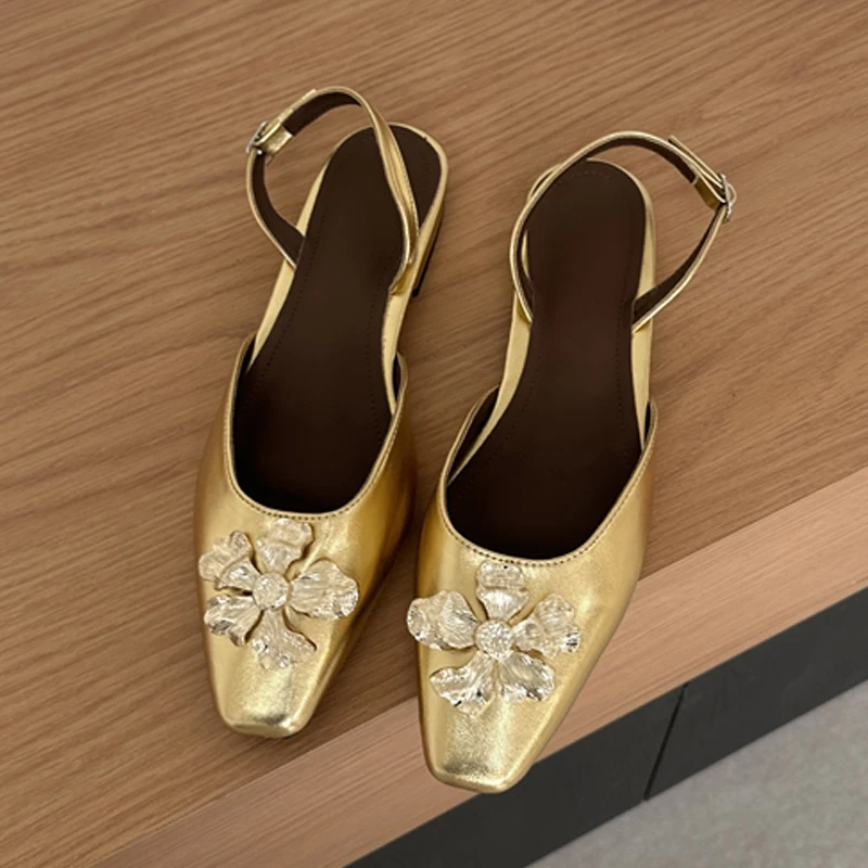 

Women's Square Toe Metallic Floral Decor Slingback Buckle Strap Flat Pumps, Casual Daily Summer Footwear, Drop Shipping Fast