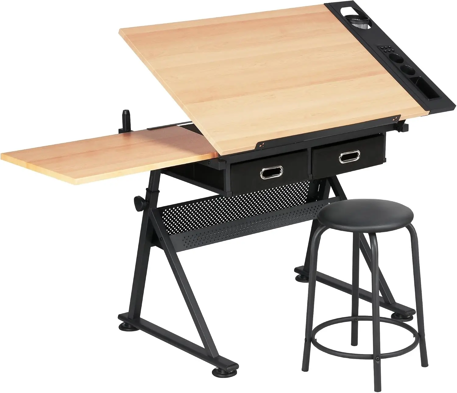 Height Adjustable Drafting Table Drawing Table Artist Desk Tilting Tabletop Art Craft Work Station Dual Storage Drawers Matching Stool Combo Home Studio Office School Wooden Finish Set